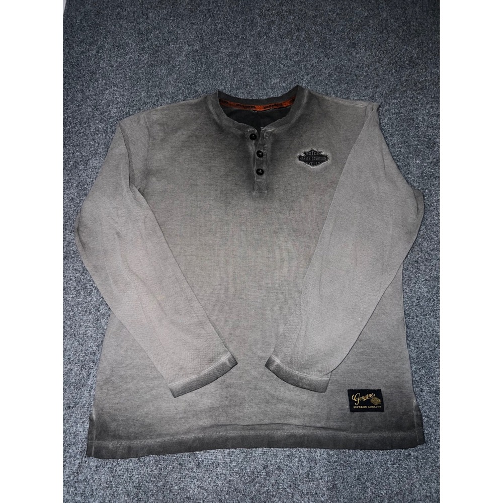 Harley-Davidson Mens Gray Long Sleeve Waffle Knit Henley Eagle Graphic Large